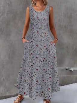Women Summer Casual Sleeveless Floral Print Maxi Dress O Neck A-Line Long Dress With Pockets Loose Vestidos Beach Sundress