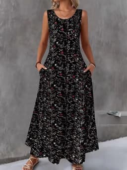 Women Summer Casual Sleeveless Floral Print Maxi Dress O Neck A-Line Long Dress With Pockets Loose Vestidos Beach Sundress