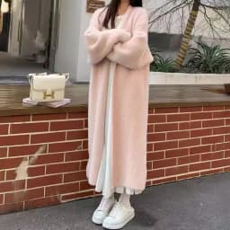 Autumn and winter loose and lazy style open knit coat, thick knee length imitation mink fur long sleeved sweater, warm jacket