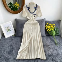 YuooMuoo Brand Fashion Vintage Turn-down Collar Knit Maxi Dress Elegant Single-breasted A-line Long Shirt Dress Lady Vestidos
