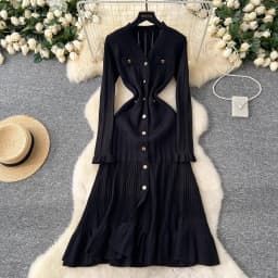 YuooMuoo Brand Fashion Vintage Turn-down Collar Knit Maxi Dress Elegant Single-breasted A-line Long Shirt Dress Lady Vestidos