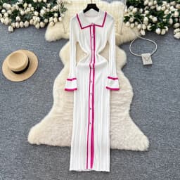 YuooMuoo Brand Fashion Vintage Turn-down Collar Knit Maxi Dress Elegant Single-breasted A-line Long Shirt Dress Lady Vestidos