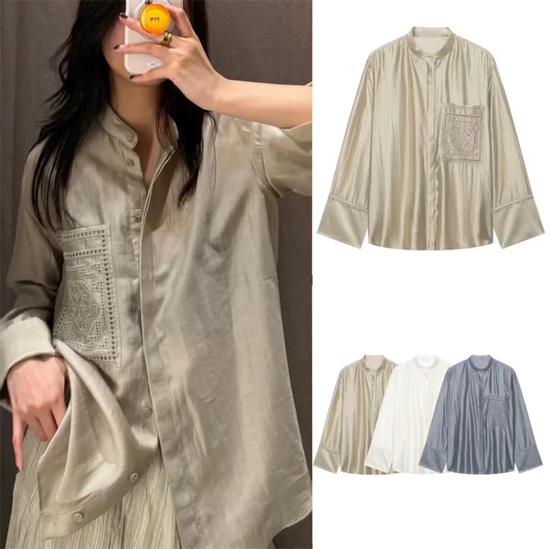 Guobioziy Women's Shirt 2026 Summer New Solid Color Long Sleeve Embroidered Pocket Loose Shirt Elegant Stylish Simple Fashion
