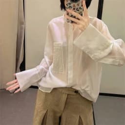 Guobioziy Women's Shirt 2026 Summer New Solid Color Long Sleeve Embroidered Pocket Loose Shirt Elegant Stylish Simple Fashion