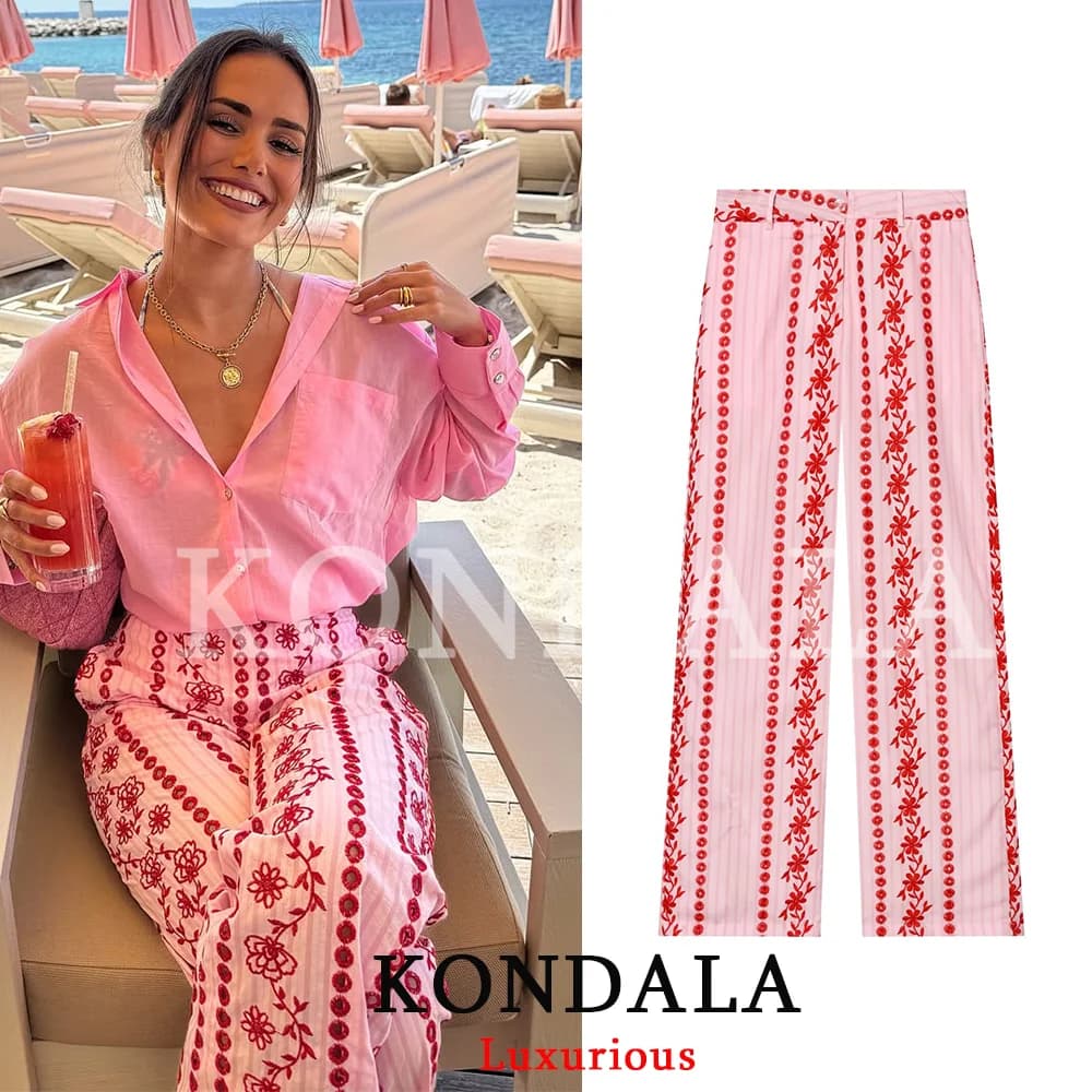 KONDALA Boho Chic Pink Embroidery Women Pants Wide Leg Vintage Holiday Women Pants Fashion 2026 Summer Elegant Long Pants