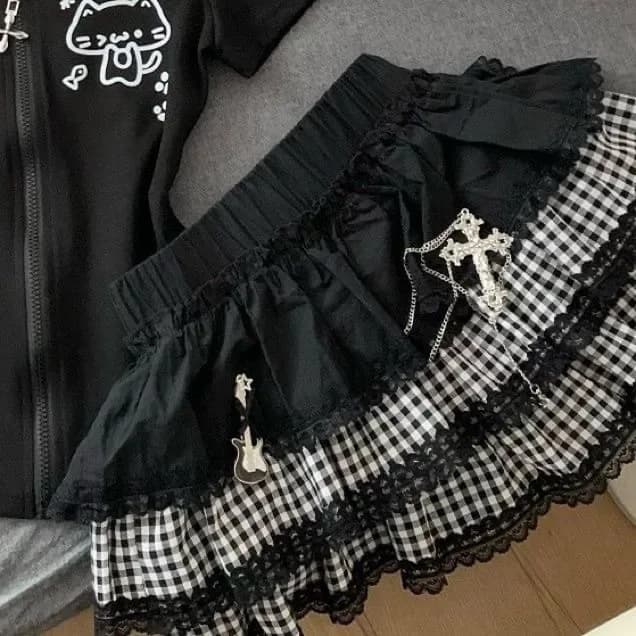Harajuku Y2K Lace Sexy Cake Dark Punk Fluffy Versatile Skirt Subculture Splicing Plaid Skirt Girl (without accessories)