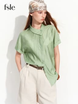 FSLE 2026 Summer Women‘s Asymmetric Drop Shoulder Blouse, Notched Collar Short Sleeve Shirt for Relaxed Designer Style Top