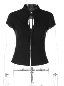 Hugcitar Turleneck Short Sleeve Solid Hollow Out Backless Lace Up Buttons Sexy T-Shirt Top Women Fashion Clothes Streetwear Club
