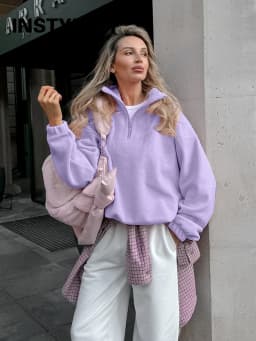 Women Autumn Winter Fleece Hoodies Elegant Stand Collar Zipper Loose Sweatshirt Elegant Solid Pullover Casual Top Streetwear