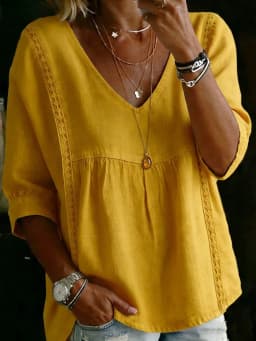 2026 Women's Cross-Border New Fashion Lace V-Neck Pullover Solid Color Casual Three-Quarter Sleeve Blouse