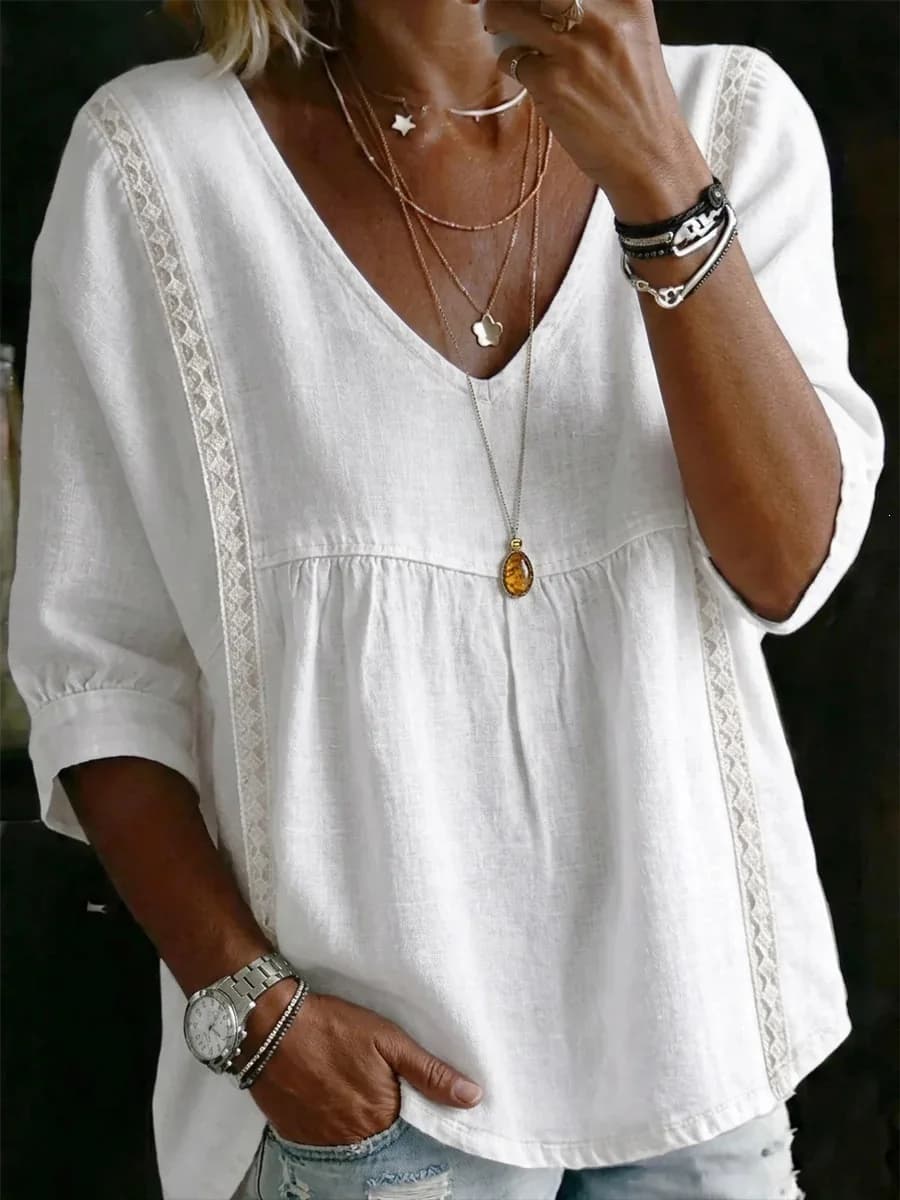 2026 Women's Cross-Border New Fashion Lace V-Neck Pullover Solid Color Casual Three-Quarter Sleeve Blouse