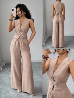 Women's 2 Piece Outfits Summer Sleeveless Wrap V Neck Crop Top Wide Leg Pants Set Casual Elegant Office Two Piece Sets