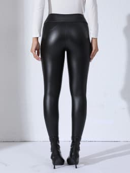 Women PU Leather Fleece-lined Leggings With Pockets Elastic Slim Skinny Pants High Waist Daily Trendy Casual Trousers