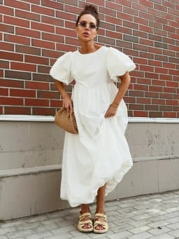 Bornladies Summer Cotton Women's Oversized Bubble Sleeve Dresses Fashionable Ladies O-Neck Chic Short Sleeve Loose Long Dress