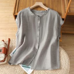 Women Cotton Linen Sleeveless Blouse Ruffle Collar Button Elegant Flying Sleeve Design Shirt Ladies Office Breathable Cardigan