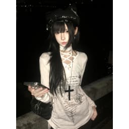 Seeslim Chic Print Graphic T Shirts Woman Lace Up Youthful 2000s Clothes Y2k Long Sleeve Tees Female Clothing T-shirt Spring Top