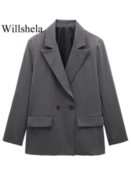 Willshela Women Fashion With Pockets Solid Double Breasted Blazer Vintage Long Sleeves Notched Neck Female Office Lady Outfits