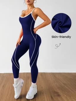 Women Spaghetti Strap Yoga Jumpsuit White Contrast Piping One Piece Fitness Bodysuit Tummy Control Gym Workout Pilates Tennis Sp