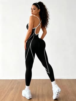 Women Spaghetti Strap Yoga Jumpsuit White Contrast Piping One Piece Fitness Bodysuit Tummy Control Gym Workout Pilates Tennis Sp