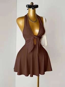 Women Halter Deep V Front Tie Cut Out Mini Dress 2026 Summer Y2K Night Club Party Flare Skirt Dresses