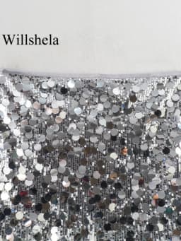 Willshela Women Fashion With Sequined Solid Side Zipper Mini Skirt Vintage High Waist Female Chic Lady Skirts