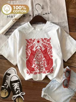 Women's 100% Cotton Short Sleeve Crew Neck T-Shirt Red Floral Butterfly Graphic Print Casual Top for Spring Summer