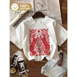Women's 100% Cotton Short Sleeve Crew Neck T-Shirt Red Floral Butterfly Graphic Print Casual Top for Spring Summer