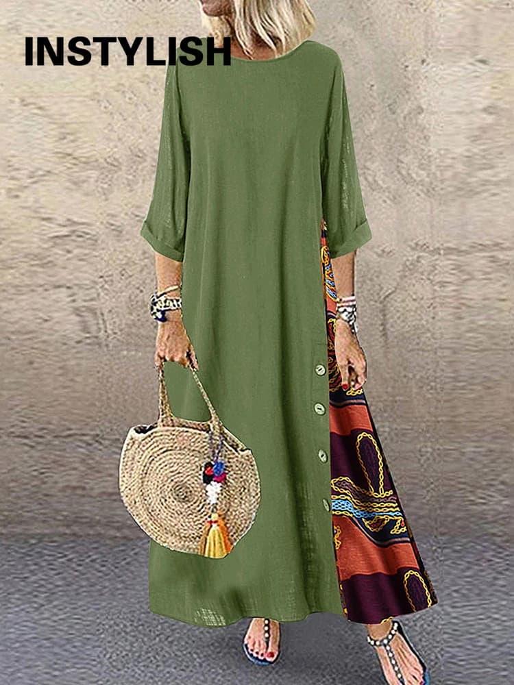 Women Vintage Print Patchwork Maxi Dress Boho 3/4 Sleeve Oversized Long Dress Casual Harajuku O Neck Loose Dress Elegant Robe