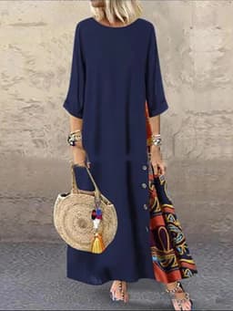 Women Vintage Print Patchwork Maxi Dress Boho 3/4 Sleeve Oversized Long Dress Casual Harajuku O Neck Loose Dress Elegant Robe