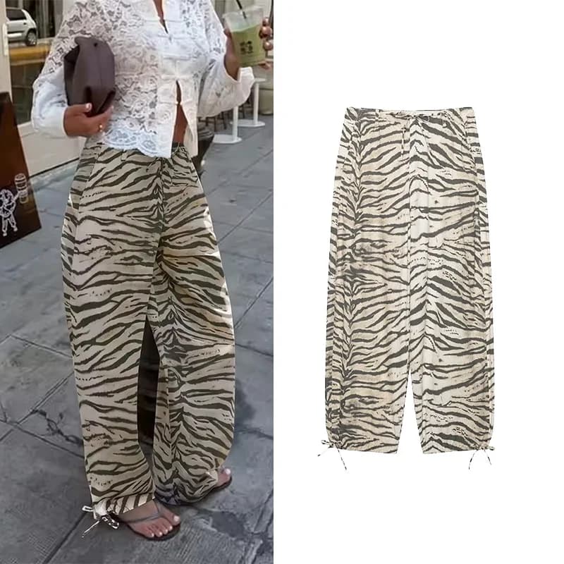 HipSeam Women's Zebra Stripes Pants New 2026 Summer Fashion Mid-waist Trousers with Lace Tie Casual Female Streetwear Pants