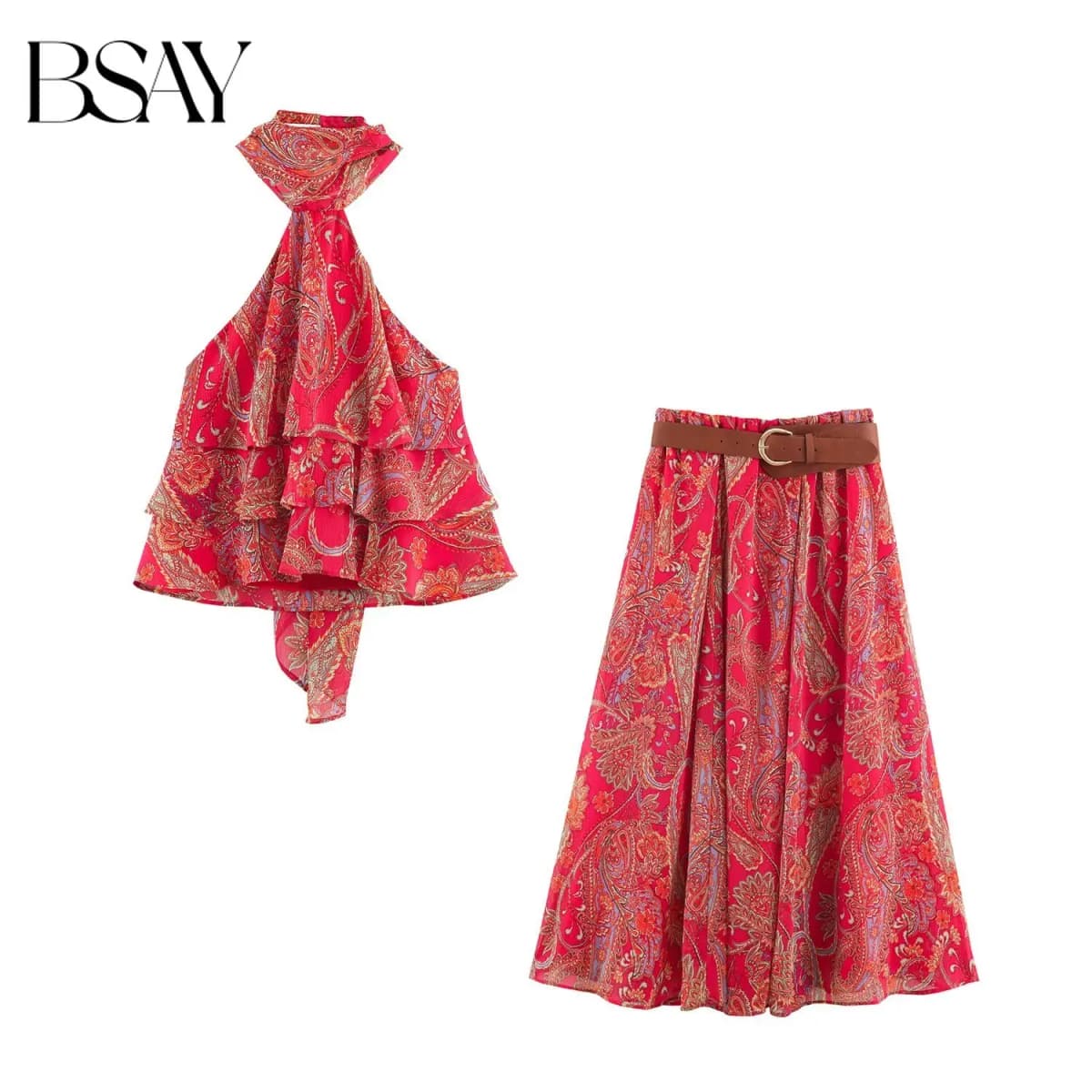 BSAY Summer Bohemian Women Bow Halter Neck Sleeveless Top High‑Waist Flowy Long Skirt With Belt Holiday 2‑Piece Matching Outfit