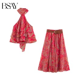 BSAY Summer Bohemian Women Bow Halter Neck Sleeveless Top High‑Waist Flowy Long Skirt With Belt Holiday 2‑Piece Matching Outfit