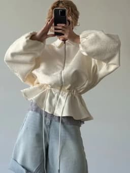 Jacquard Cropped Er Jacket Women Collar Zip Up Drawstring Waist Puff Sleeve Oversized Coat 2026 New Daily Casual Outerwear