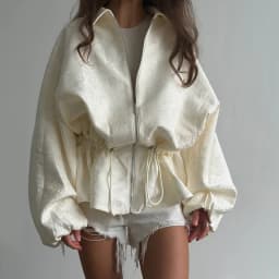 Jacquard Cropped Er Jacket Women Collar Zip Up Drawstring Waist Puff Sleeve Oversized Coat 2026 New Daily Casual Outerwear