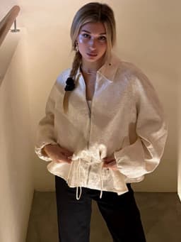 Jacquard Cropped Er Jacket Women Collar Zip Up Drawstring Waist Puff Sleeve Oversized Coat 2026 New Daily Casual Outerwear