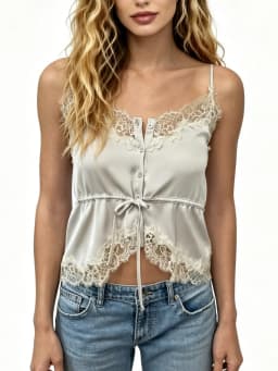 Lace-decorated satin-feel camisole crop top, flowing, sexy open back, 2026 summer new style, tie-waist, comfortable