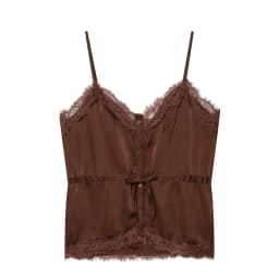 Lace-decorated satin-feel camisole crop top, flowing, sexy open back, 2026 summer new style, tie-waist, comfortable