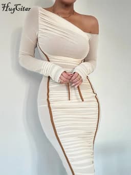 Hugcitar Mesh Solid Diagonal Collar Long Sleeve Draped Sexy See Through Bodycon Maxi Dress Summer Fashion Clothes Festival Club