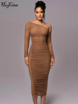 Hugcitar Mesh Solid Diagonal Collar Long Sleeve Draped Sexy See Through Bodycon Maxi Dress Summer Fashion Clothes Festival Club