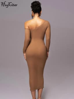 Hugcitar Mesh Solid Diagonal Collar Long Sleeve Draped Sexy See Through Bodycon Maxi Dress Summer Fashion Clothes Festival Club