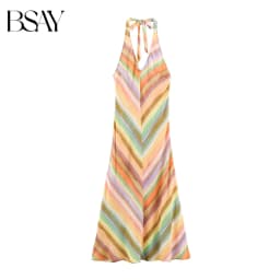 BSAY Women Halter Maxi Dress V‑Neck Colorful Chevron Stripe Print Sleeveless Back Tie Long Dress Summer Beach Vacation Sundress