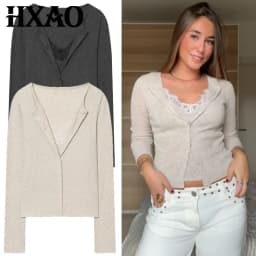 HXAO Crop Knit Cardigan For Women Autumn Spring Chic Lace Long Sleeve Knitwear Darkgrey Beige Sweaters Korean Popular Cardigans