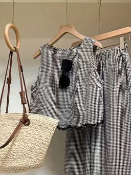 Plaid Sleeveless Top & Wide Leg Pants 2 Piece Outfit, Casual Lace Trim Matching Set