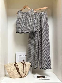 Plaid Sleeveless Top & Wide Leg Pants 2 Piece Outfit, Casual Lace Trim Matching Set