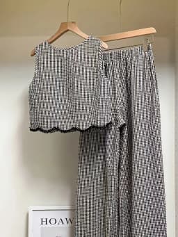 Plaid Sleeveless Top & Wide Leg Pants 2 Piece Outfit, Casual Lace Trim Matching Set