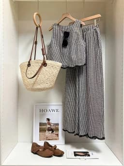 Plaid Sleeveless Top & Wide Leg Pants 2 Piece Outfit, Casual Lace Trim Matching Set