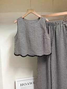 Plaid Sleeveless Top & Wide Leg Pants 2 Piece Outfit, Casual Lace Trim Matching Set
