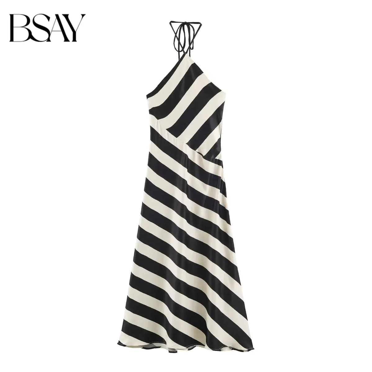 BSAY 2026 Summer Women Diagonal Striped Halter Neck Midi Dress Satin Texture Tie Back Sleeveless Elegant Flowy Long Slip Dress