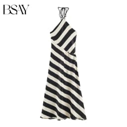 BSAY 2026 Summer Women Diagonal Striped Halter Neck Midi Dress Satin Texture Tie Back Sleeveless Elegant Flowy Long Slip Dress