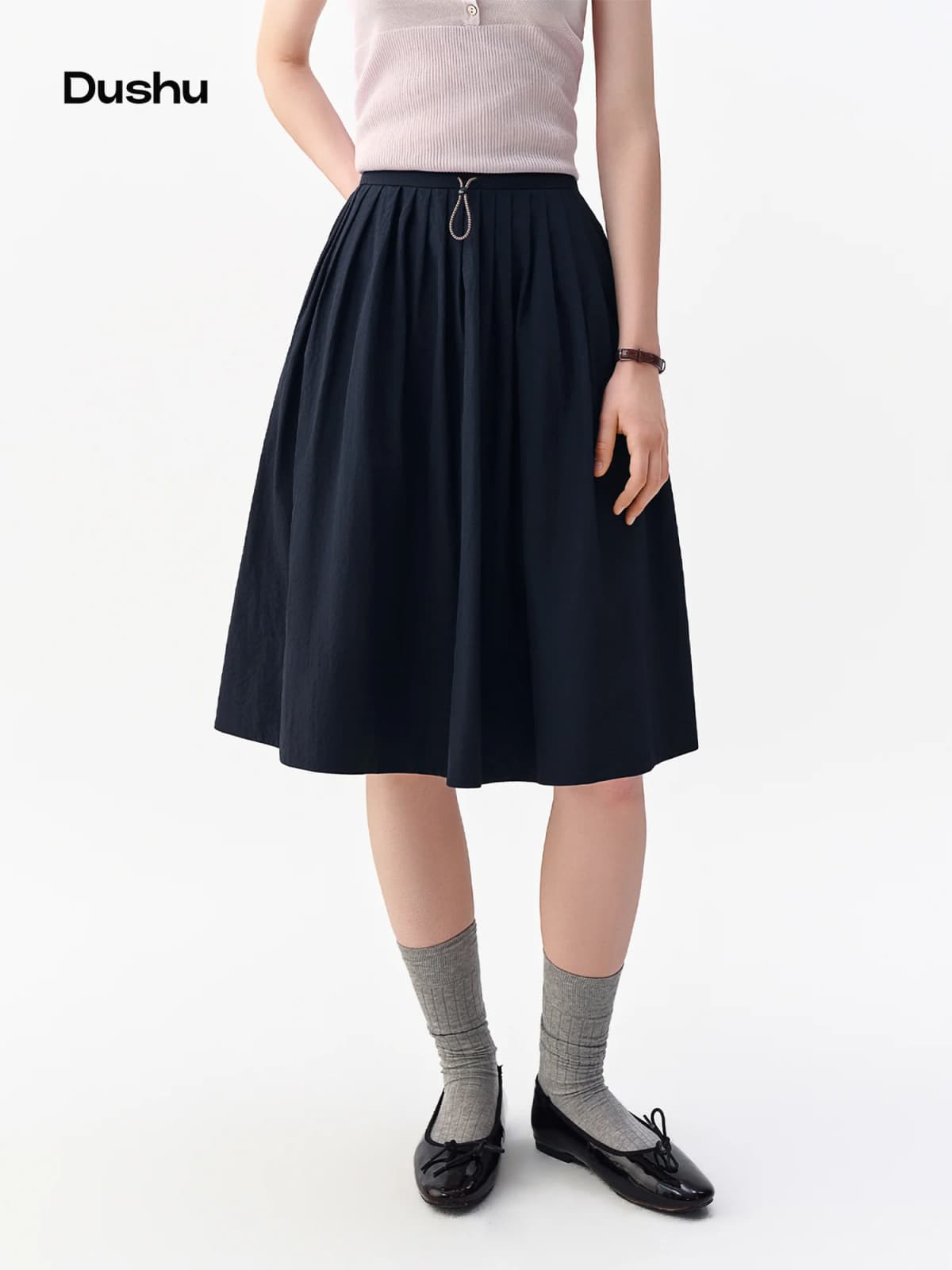 DUSHU Women's Multi-Size Stylish Versatile Drawstring Skirt 2026 Autumn New Arrival High-Waist Slim A-Line Skirt for Commute